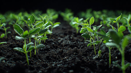 Young seedlings of pepper in the ground. Selective focus.の素材