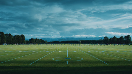 Football field with green grass and blue cloudy sky in the background.の素材