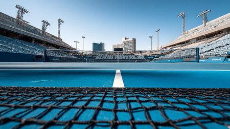 Empty tennis court with blue net and stadium in the background, ready for playの素材