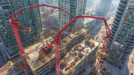 Aerial view of construction site with cranes and building under constructionの素材