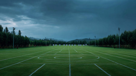 Football field with green grass under cloudy sky in the evening, Thailand.の素材
