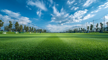 Green grass field with blue sky background and golf course in the morning.の素材