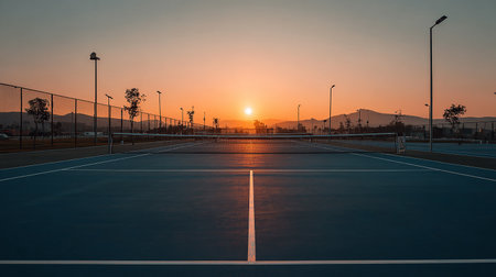 Empty tennis court at sunset in Barcelona, Spain. Copy space for textの素材