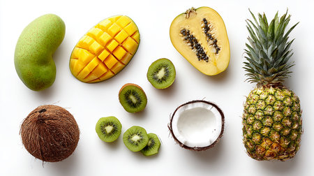 Exotic fruits on white background, flat lay, top view.の素材