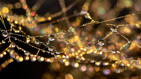 spider web with dew drops in the light of the morning sunの素材
