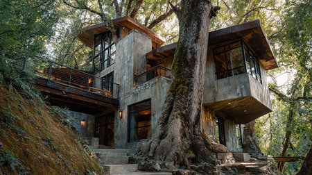 Restaurant in the middle of the forest with large trees.の素材