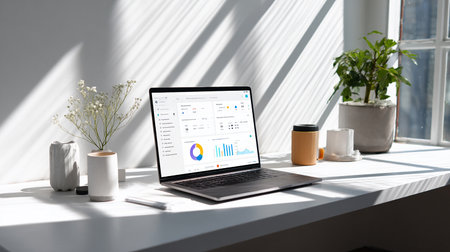 laptop with financial charts on screen on white table with coffee cup and plantの素材