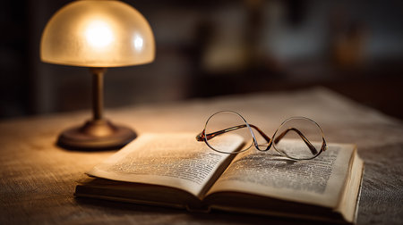 Glasses on an open book on a wooden table with a lampの素材
