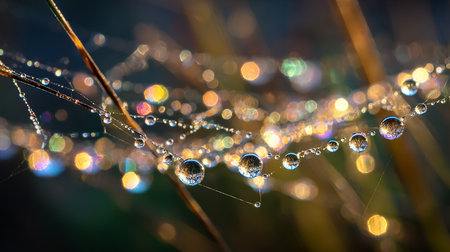 dew drops on spider web in morning light. shallow depth of fieldの素材