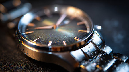 Wrist watch on dark background. Close up. Selective focus.の素材