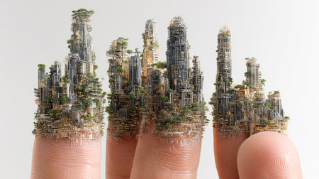 Miniature city concept in human fingers. 3D Rendering.の素材