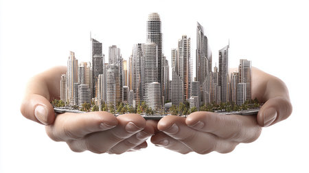 modern city in hands isolated on white background. 3d rendering.の素材