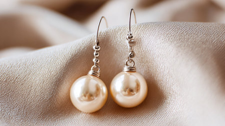 Earrings with pearls on satin background, closeupの素材