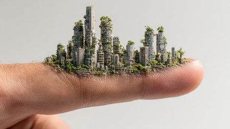 Mini city in human hand. 3d illustration. Eco concept.の素材