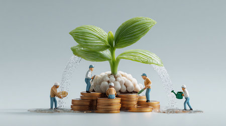 Miniature people watering plants on coins with water drops. Business growth conceptの素材