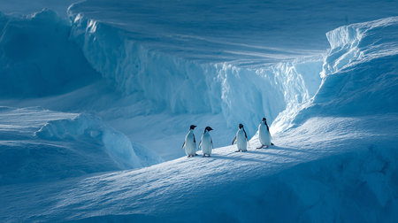 Penguins on the ice in Antarctica. 3D illustration.の素材