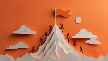 Success and leadership concept with 3d render of business people climbing mountain to successの素材