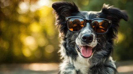 Portrait of a cute black and white border collie dog wearing sunglasses outdoorsの素材