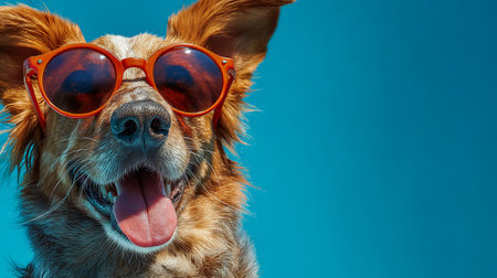 Funny dog in sunglasses on a blue background. Studio shot.の素材