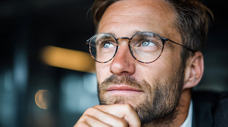 Portrait of handsome mature man with eyeglasses looking away in officeの素材