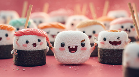 Funny marshmallow snowman on red background. Christmas concept.の素材