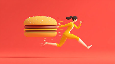 Woman running with hamburger. Fast food concept. 3d illustrationの素材