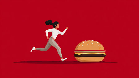 Running woman with hamburger. Vector illustration in a flat style.の素材