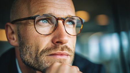 Close up of thoughtful mature man with eyeglasses looking away in cafeの素材