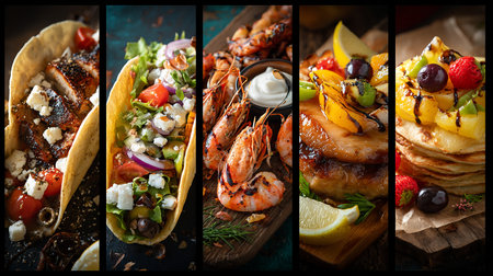 Collage of photos of different types of tacos with seafood and vegetablesの素材
