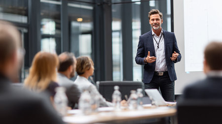 business, people and teamwork concept - smiling businessman giving speech at conference hallの素材