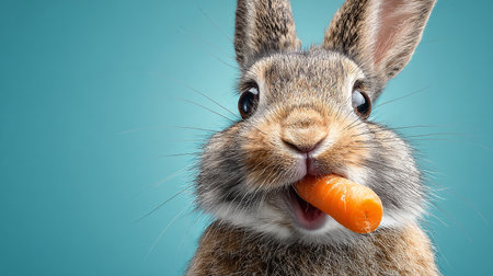 Funny rabbit with carrot in mouth on blue background. Easter conceptの素材