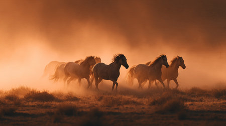 Wild horses run gallop in the steppe at sunset. Wild horses in the steppe.の素材