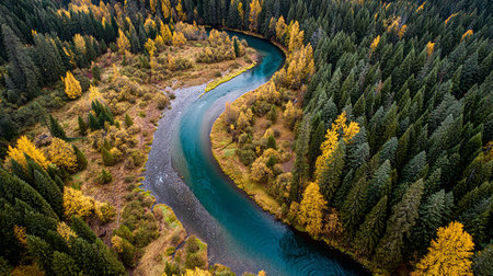 Aerial view of autumn forest and river. Colorful autumn landscapeの素材