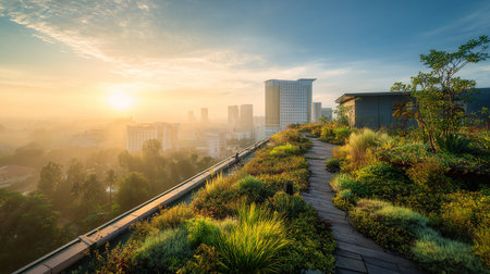 Sunrise and fog in the morning at the park, Bangkok, Thailandの素材