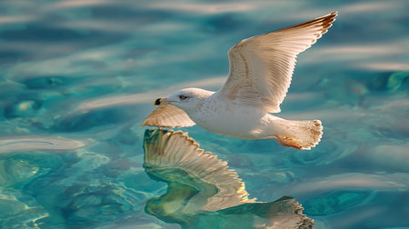 seagull flying in the blue sea, closeup of photoの素材