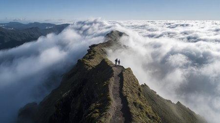 Climbers on the top of a mountain in the clouds.の素材