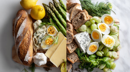 Healthy appetizer with cheese, boiled eggs, asparagus and breadの素材