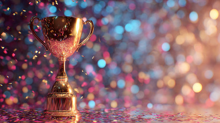 Trophy cup on colorful bokeh background. 3d illustrationの素材