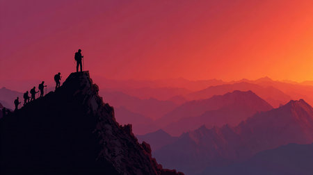 Silhouette of a group of people on the top of a mountainの素材