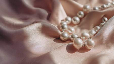 pearl necklace on satin background, close up view, shallow depth of fieldの素材