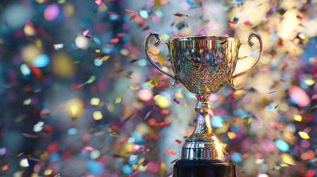 Gold trophy cup with confetti on blurred bokeh background.の素材