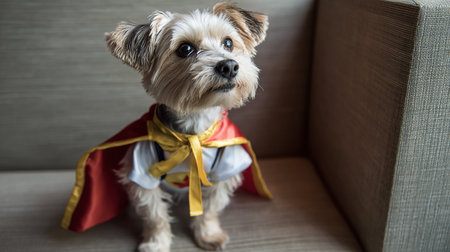 Cute little dog dressed as superhero sitting on sofa at home.の素材