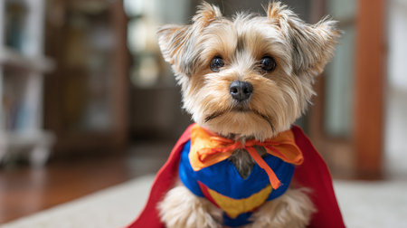 Yorkshire Terrier dressed as a superhero with a red cape.の素材