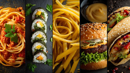 Collage of different types of delicious Italian pasta on a dark backgroundの素材