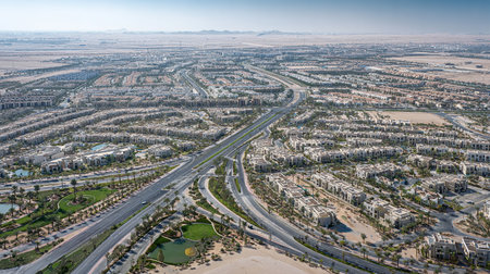 Aerial view of Sheikh Zayed Road in Dubai, United Arab Emiratesの素材