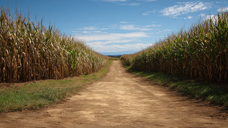 Corn field with a dirt road leading to the horizon and blue skyの素材