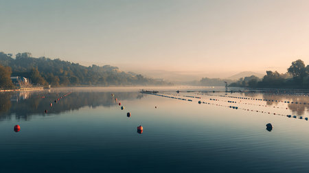 Foggy morning at the lake in Hangzhou, China.の素材