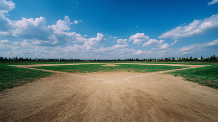 Baseball field with blue sky and white clouds in the countryside.の素材
