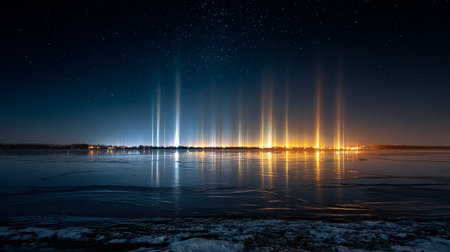 Frozen lake at night with starry sky and long exposure lightsの素材