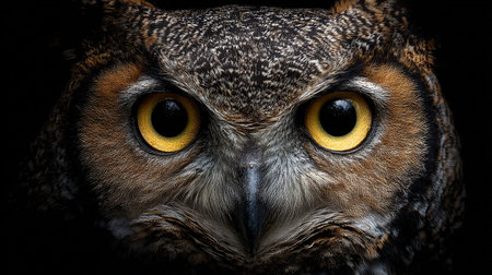 Close-up portrait of an owl with big eyes and black backgroundの素材